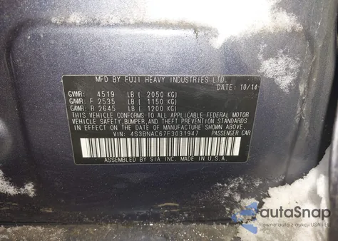 2015 Subaru Legacy 2.5I Premium z USA, uszkodzony, nr VIN 4S3BNAC67F3031947